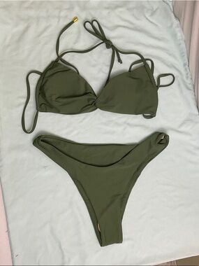 Olive Green Triangle Tie Bikini Set - Women's Swim